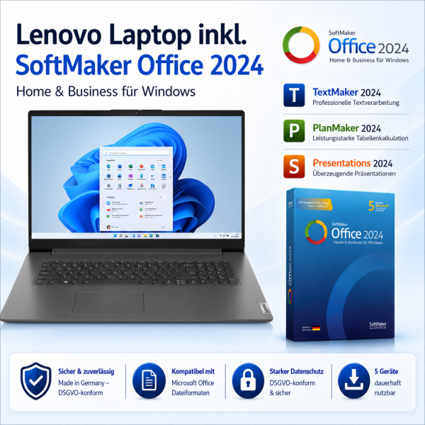 Lenovo Notebook 17" Intel U300 / 8GB / 256GB SSD / Full HD / Win11 Pro / Office 2024 von Softmaker